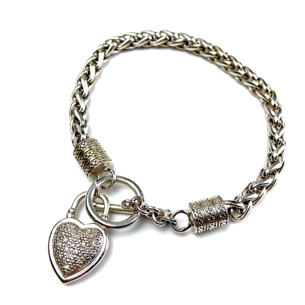 925 Sterling Silver Thick Byzantine heart charm crystal encrust cage scrollwork